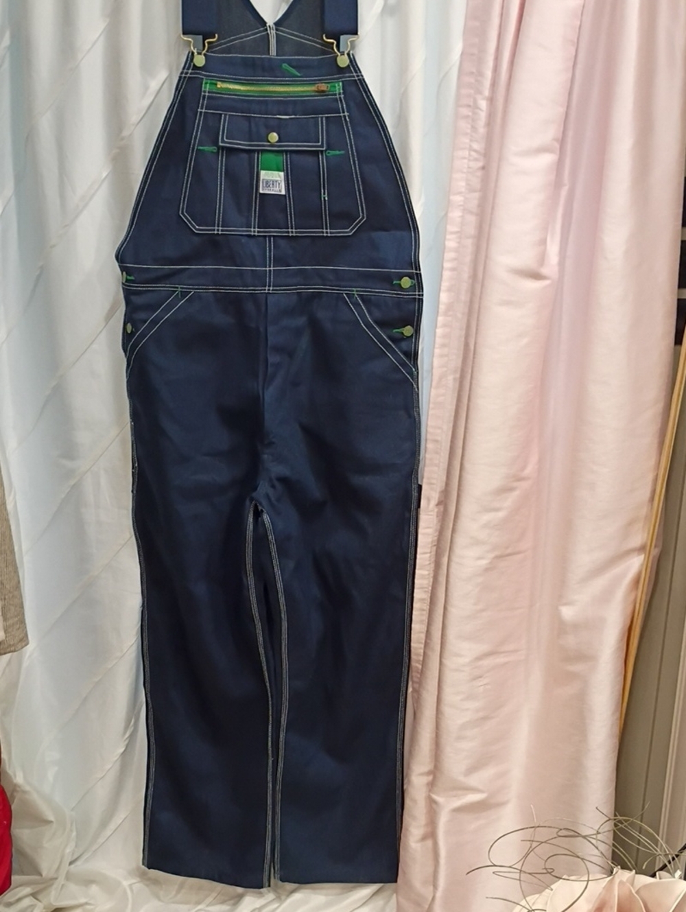 Liberty Work Wear 30x32 Relaxed Navy Blue Denim Overalls with Contrast Stitching